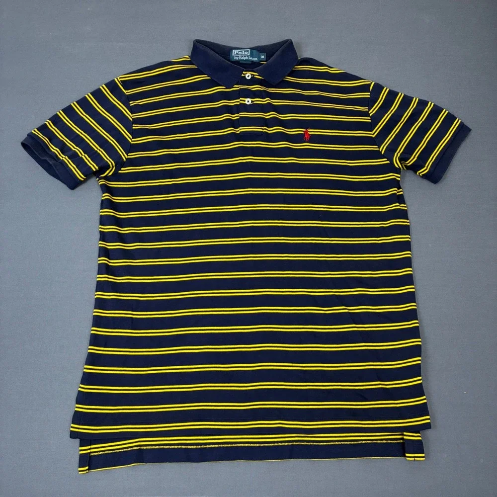 Polo Ralph Lauren Navy Blue & Yellow Striped Short Sleeve Polo Shirt Mens Medium